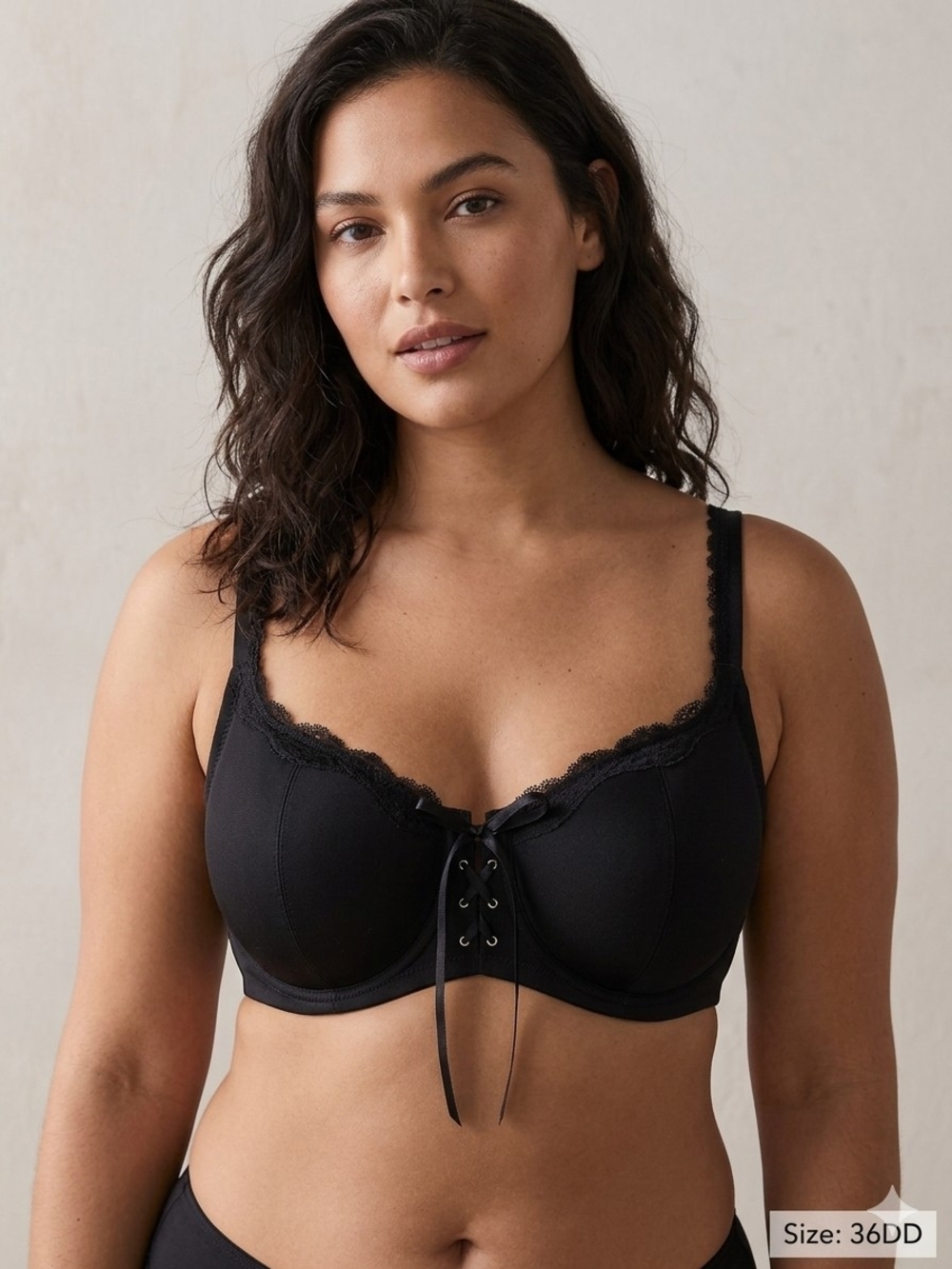 Fredricks Black Lace-Trim Underwire Bra with Front Lace-Up